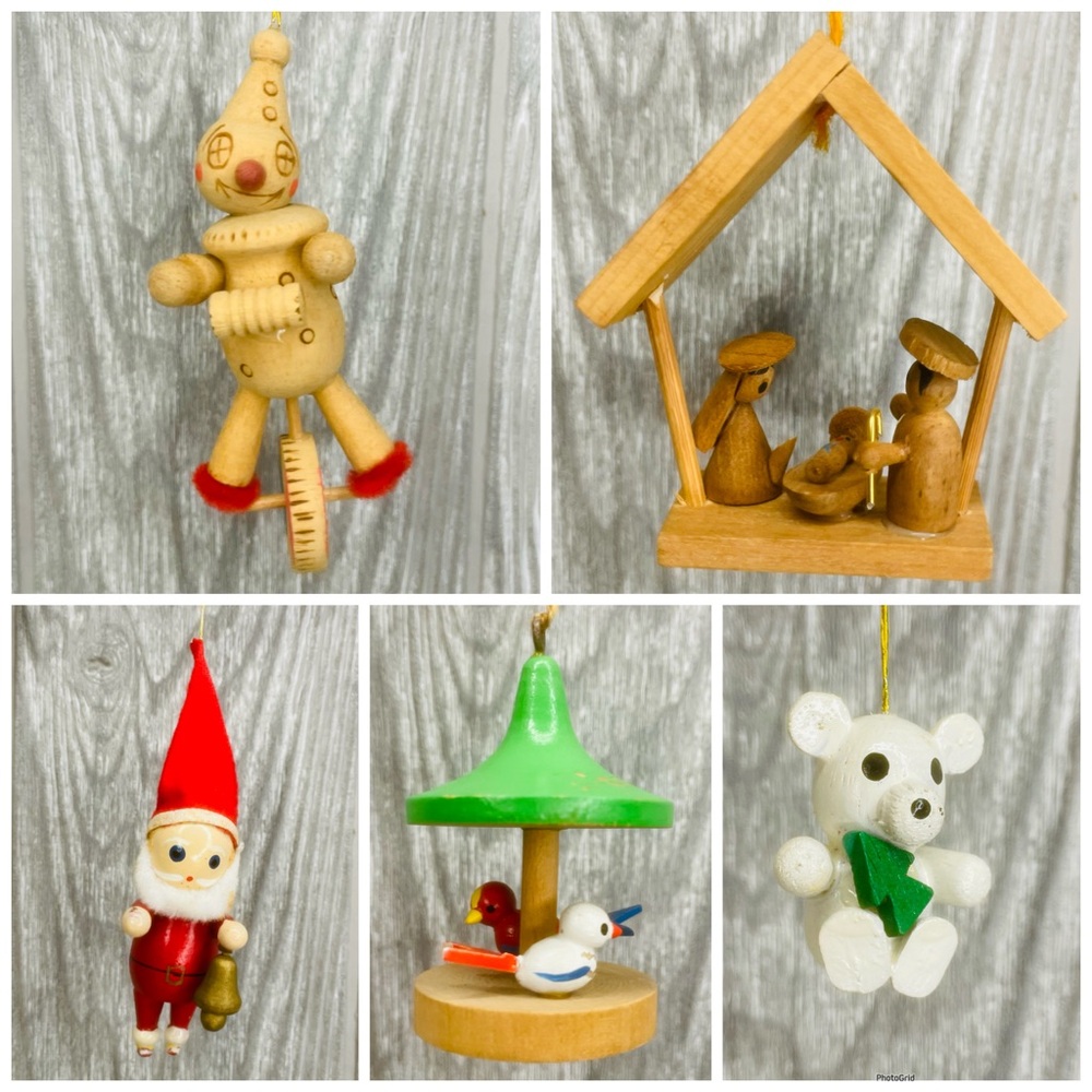 Vintage lot of 5 wooden Christmas ornaments clown bear Santa nativity birds